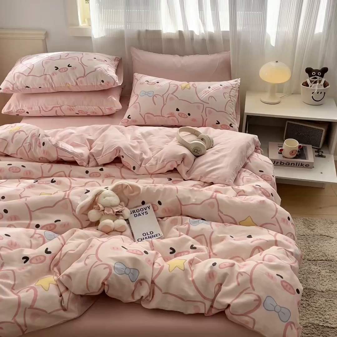 91家纺网 家纺一手货源 找家纺 涵宸家纺 2026新款双层纱印花四件套 A萌萌猪
