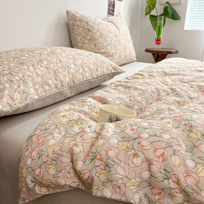 91家纺网 家纺一手货源 找家纺 涵宸家纺 2026新款双层纱印花四件套 B花田-金