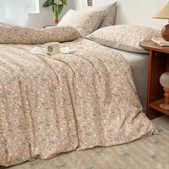 91家纺网 家纺一手货源 找家纺 涵宸家纺 2026新款双层纱印花四件套 B花田-金