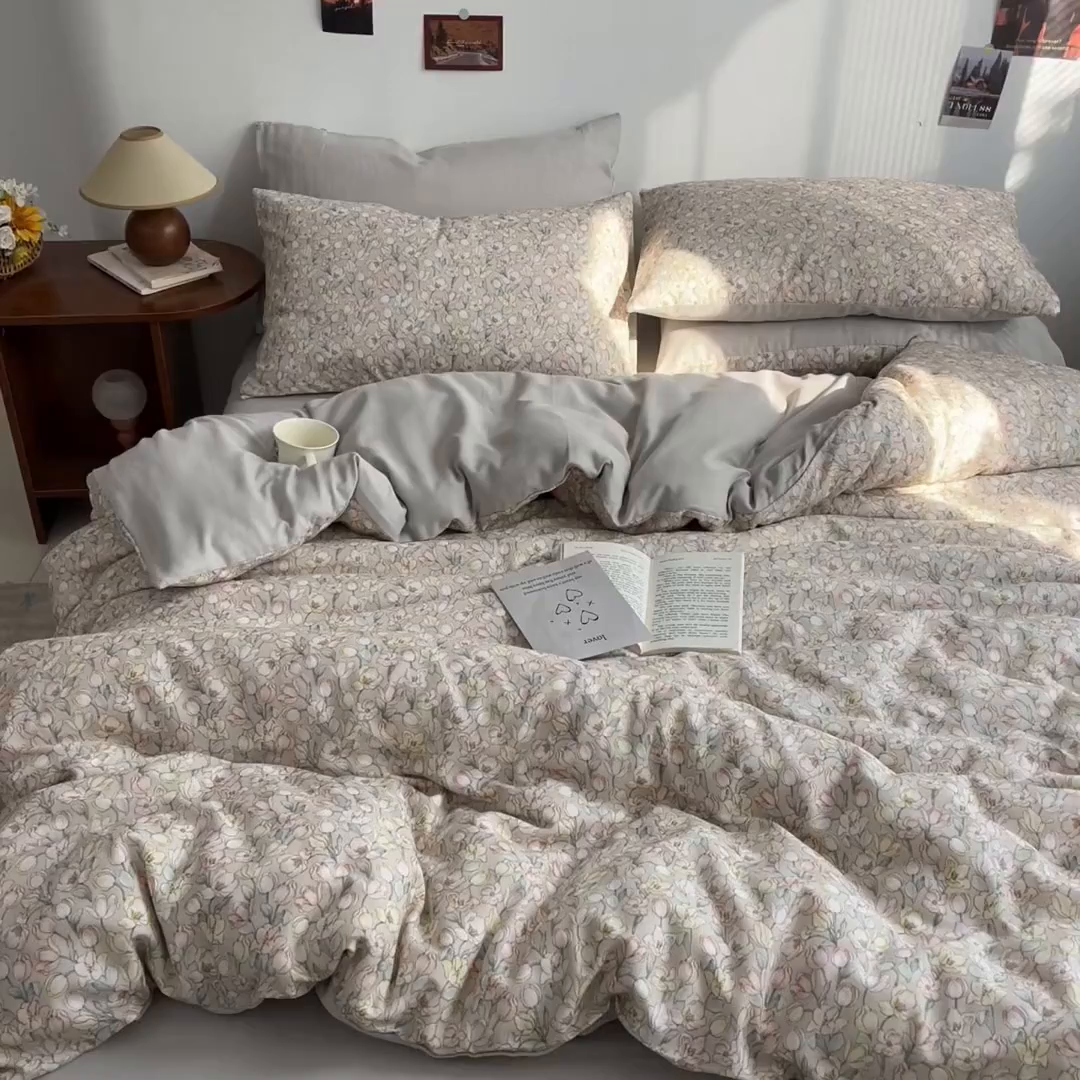 91家纺网 家纺一手货源 找家纺 涵宸家纺 2026新款双层纱印花四件套 B花田-金