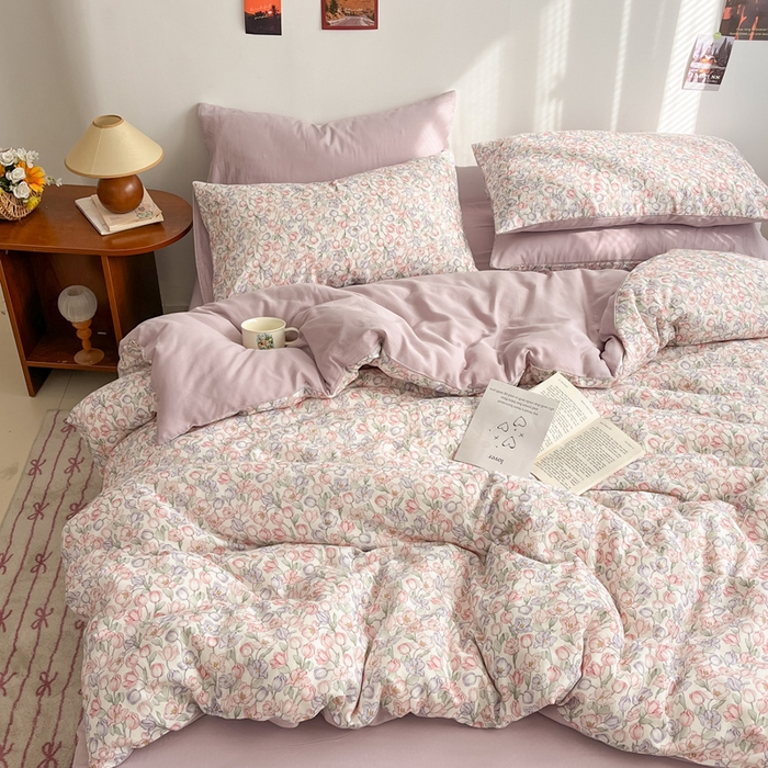 91家纺网 家纺一手货源 找家纺 涵宸家纺 2026新款双层纱印花四件套 B花田-紫