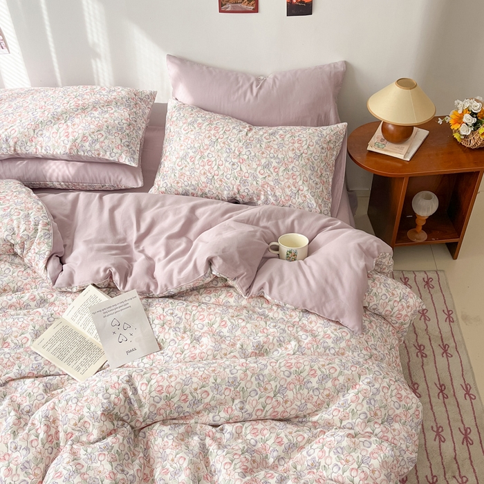 91家纺网 家纺一手货源 找家纺 涵宸家纺 2026新款双层纱印花四件套 B花田-紫