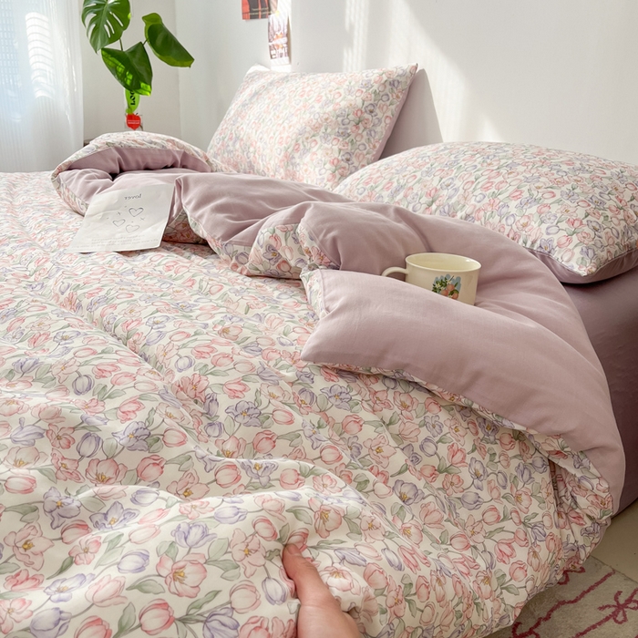 91家纺网 家纺一手货源 找家纺 涵宸家纺 2026新款双层纱印花四件套 B花田-紫