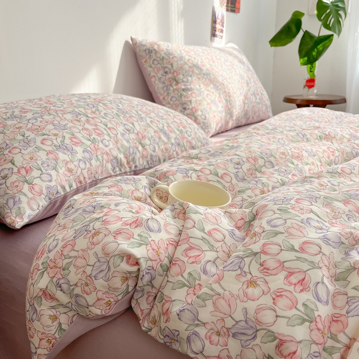 91家纺网 家纺一手货源 找家纺 涵宸家纺 2026新款双层纱印花四件套 B花田-紫