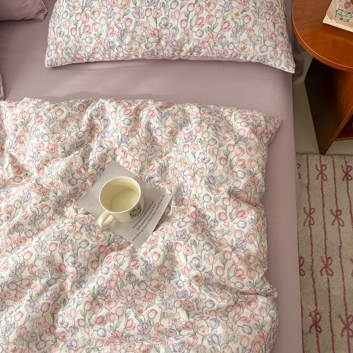 91家纺网 家纺一手货源 找家纺 涵宸家纺 2026新款双层纱印花四件套 B花田-紫