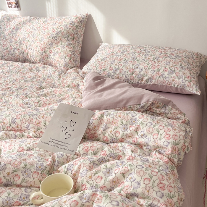 91家纺网 家纺一手货源 找家纺 涵宸家纺 2026新款双层纱印花四件套 B花田-紫