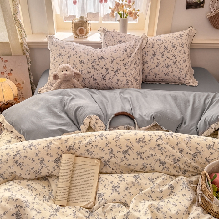 91家纺网 家纺一手货源 找家纺 梵克保罗 2026新款A类仿棉古法水洗棉法式全棉花边四件套 青花瓷