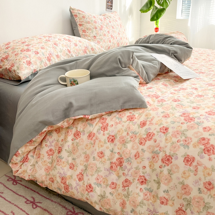 91家纺网 家纺一手货源 找家纺 涵宸家纺 2026新款双层纱印花四件套 B玫瑰海岛