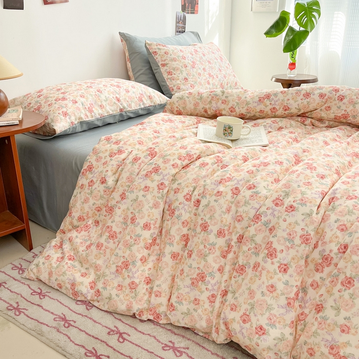 91家纺网 家纺一手货源 找家纺 涵宸家纺 2026新款双层纱印花四件套 B玫瑰海岛