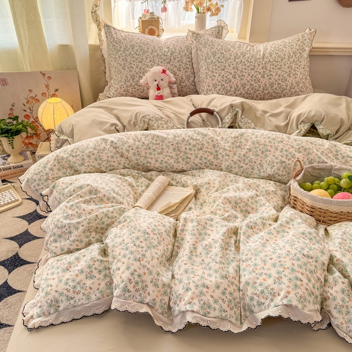 梵克保罗 2026新款A类仿棉古法水洗棉法式全棉花边四件套 春野