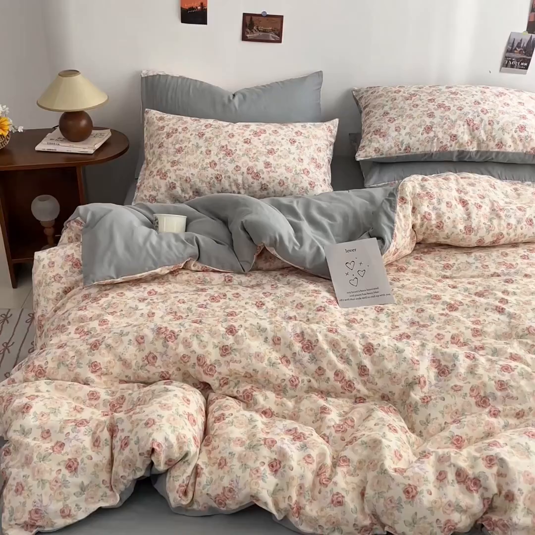 91家纺网 家纺一手货源 找家纺 涵宸家纺 2026新款双层纱印花四件套 B玫瑰海岛