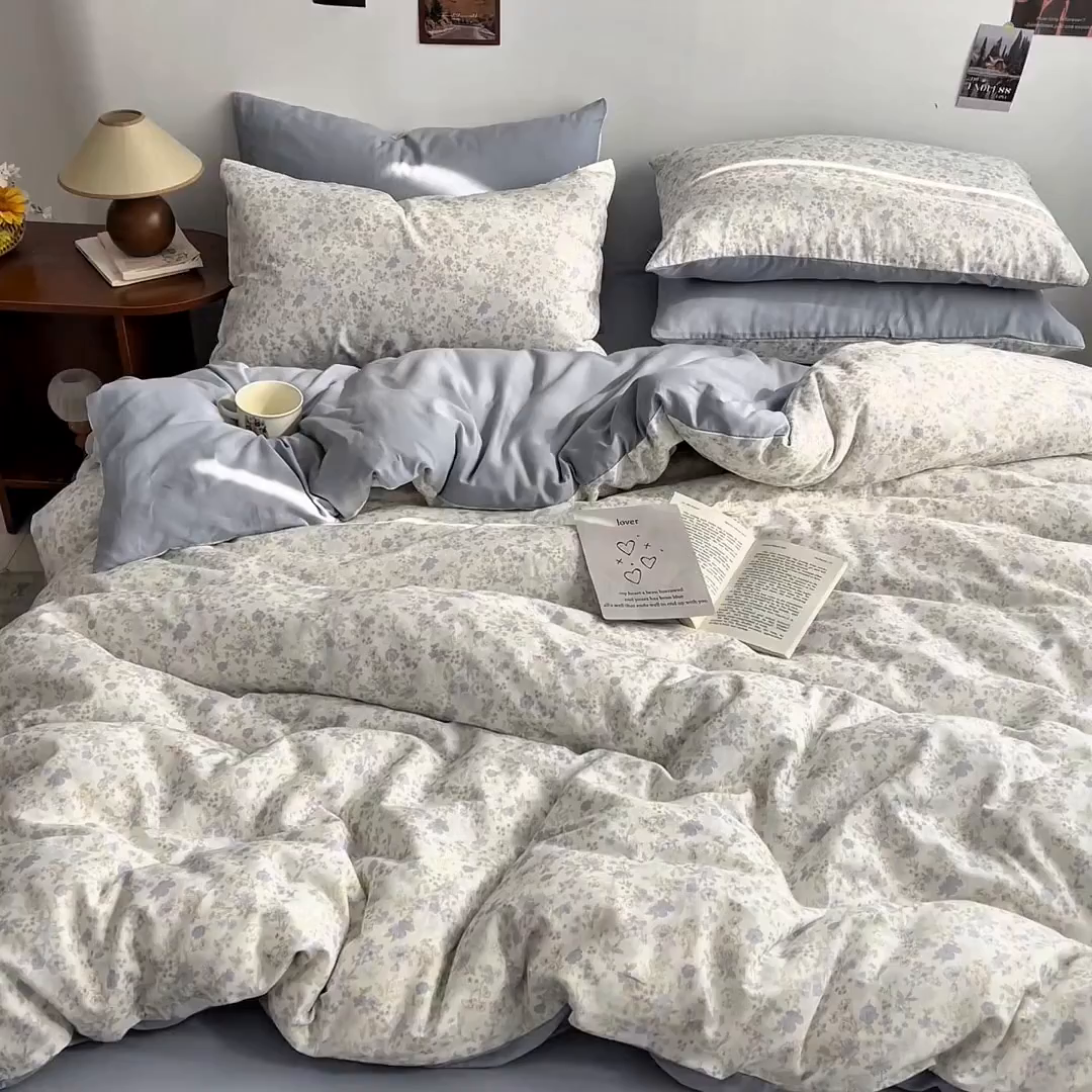 91家纺网 家纺一手货源 找家纺 涵宸家纺 2026新款双层纱印花四件套 B莫奈蓝