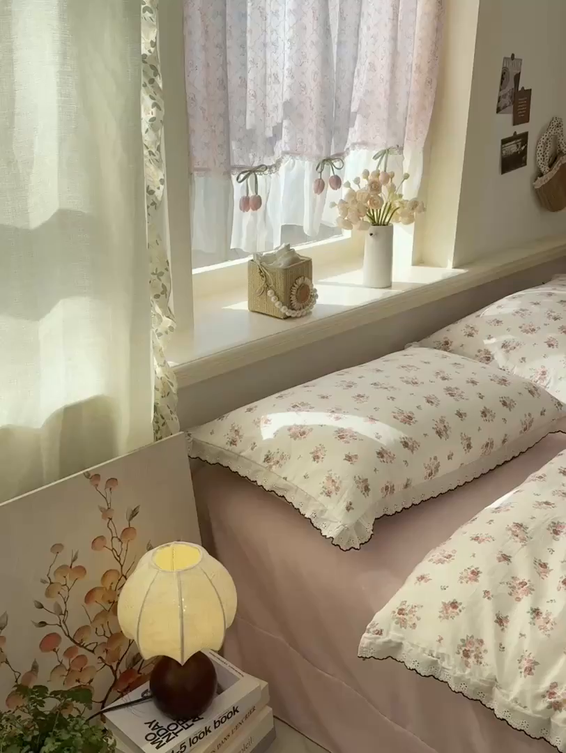 91家纺网 家纺一手货源 找家纺 梵克保罗 2026新款A类仿棉古法水洗棉法式全棉花边四件套 粉雾蔷薇