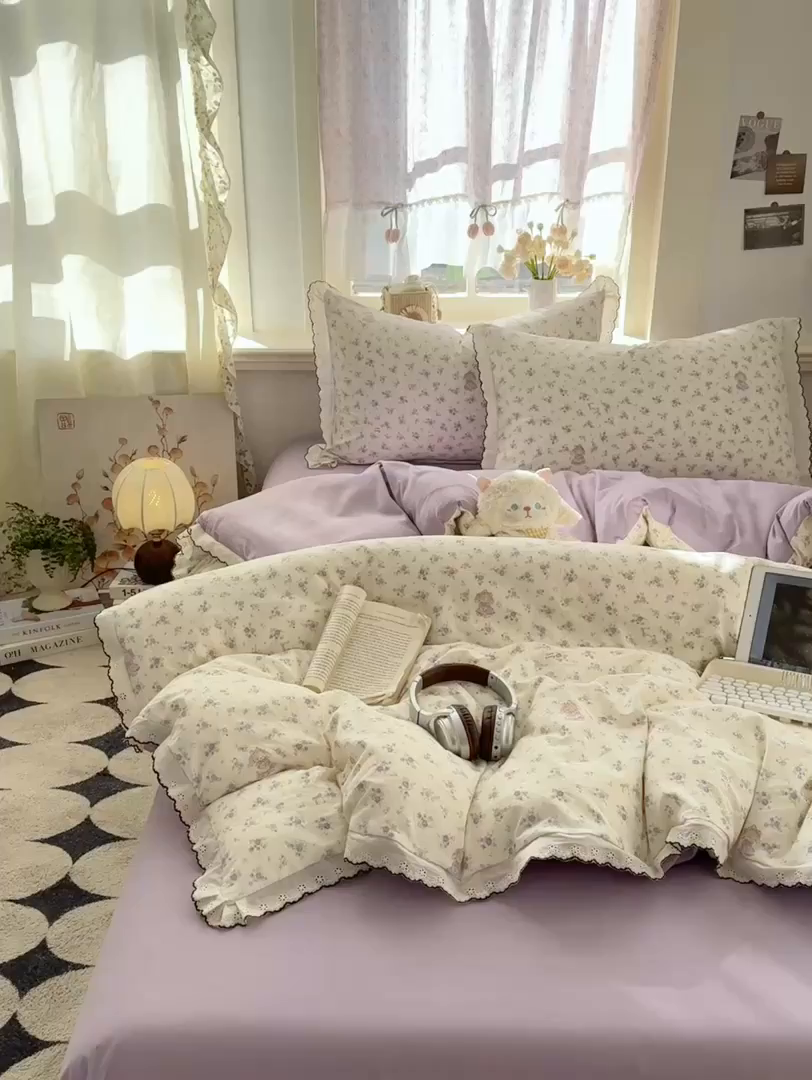 91家纺网 家纺一手货源 找家纺 梵克保罗 2026新款A类仿棉古法水洗棉法式全棉花边四件套 花田兔