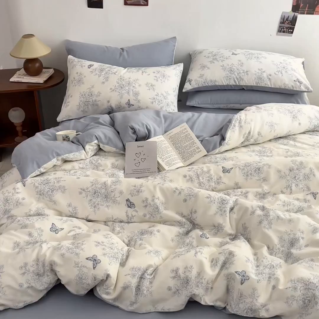 91家纺网 家纺一手货源 找家纺 涵宸家纺 2026新款双层纱印花四件套 B文墨碟