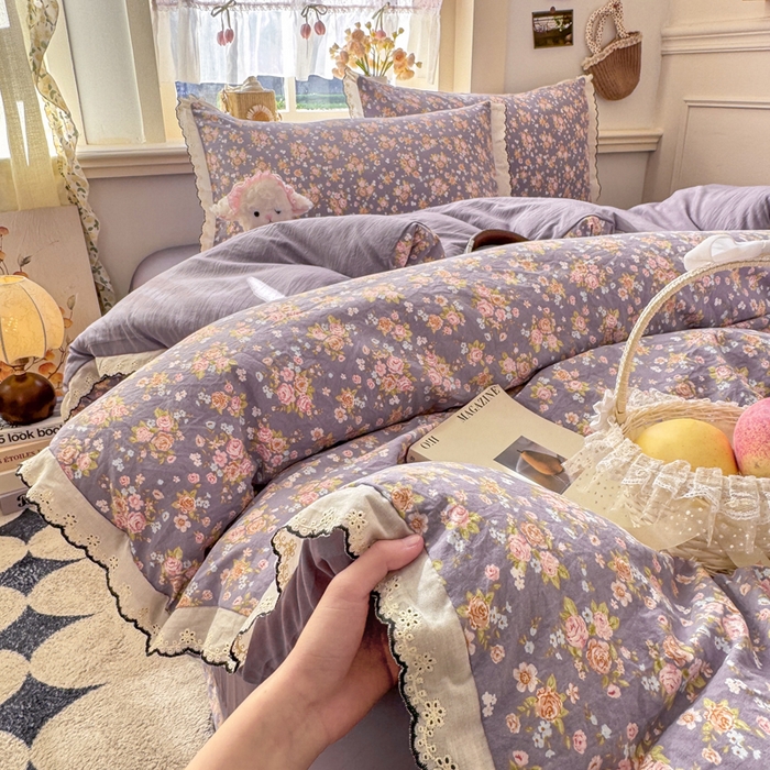 91家纺网 家纺一手货源 找家纺 梵克保罗 2026新款A类仿棉古法水洗棉法式全棉花边四件套 梦露