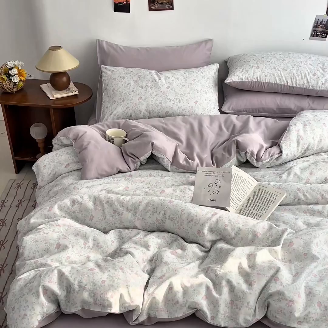 91家纺网 家纺一手货源 找家纺 涵宸家纺 2026新款双层纱印花四件套 B悠然紫