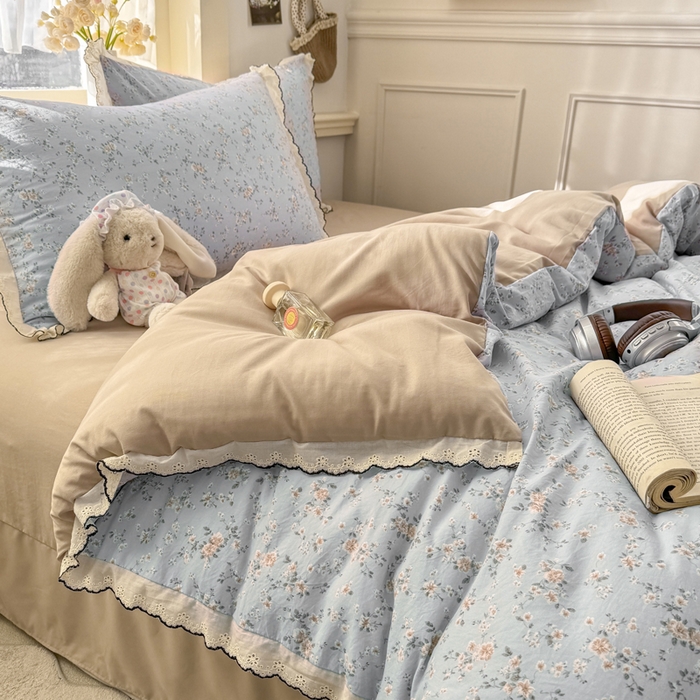 91家纺网 家纺一手货源 找家纺 梵克保罗 2026新款A类仿棉古法水洗棉法式全棉花边四件套 赛琳娜