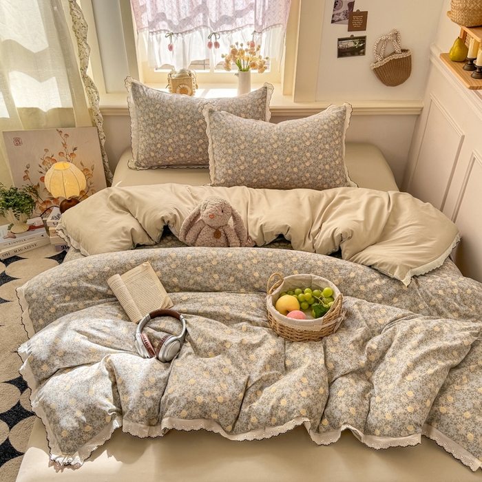 梵克保罗 2026新款A类仿棉古法水洗棉法式全棉花边四件套 森屿