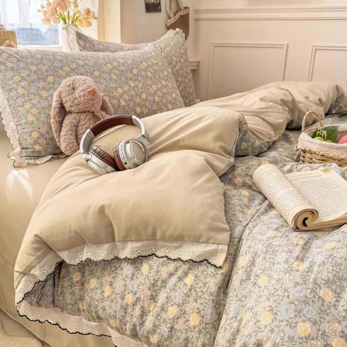 91家纺网 家纺一手货源 找家纺 梵克保罗 2026新款A类仿棉古法水洗棉法式全棉花边四件套 森屿