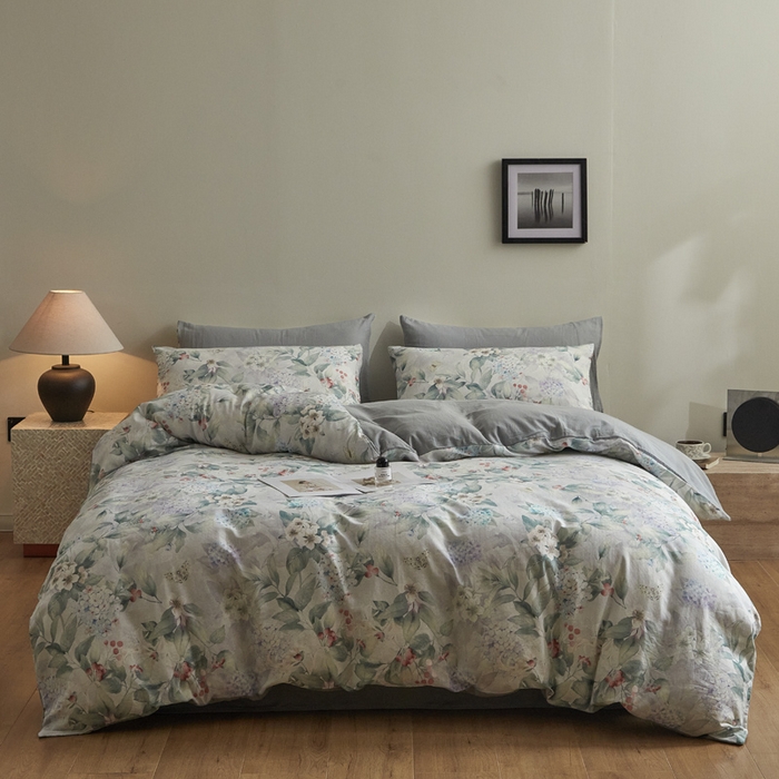 91家纺网 家纺一手货源 找家纺 涵宸家纺 2026新款双层纱印花四件套 F丛林雨