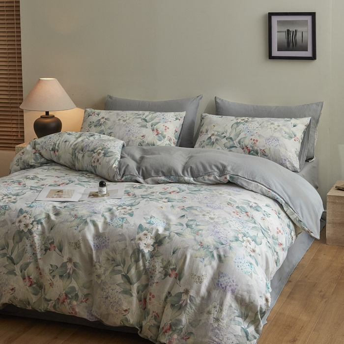 91家纺网 家纺一手货源 找家纺 涵宸家纺 2026新款双层纱印花四件套 F丛林雨