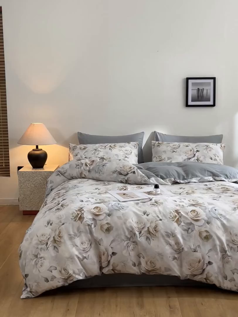 91家纺网 家纺一手货源 找家纺 涵宸家纺 2026新款双层纱印花四件套 F满园-青