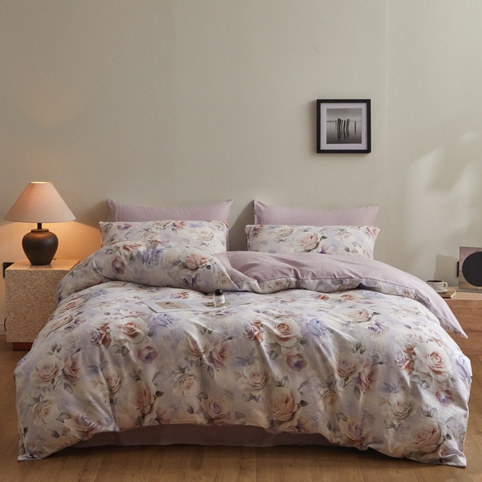 91家纺网 家纺一手货源 找家纺 涵宸家纺 2026新款双层纱印花四件套 F满园-紫