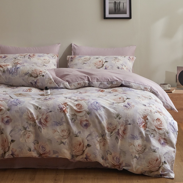 91家纺网 家纺一手货源 找家纺 涵宸家纺 2026新款双层纱印花四件套 F满园-紫