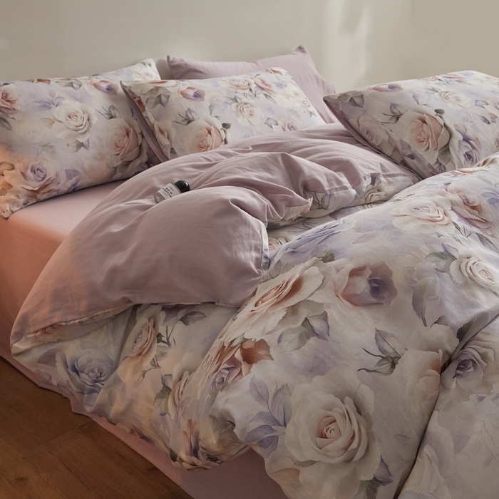 91家纺网 家纺一手货源 找家纺 涵宸家纺 2026新款双层纱印花四件套 F满园-紫