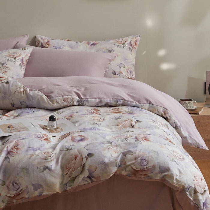 91家纺网 家纺一手货源 找家纺 涵宸家纺 2026新款双层纱印花四件套 F满园-紫