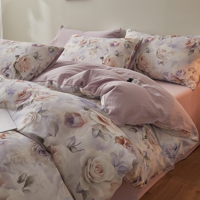 91家纺网 家纺一手货源 找家纺 涵宸家纺 2026新款双层纱印花四件套 F满园-紫