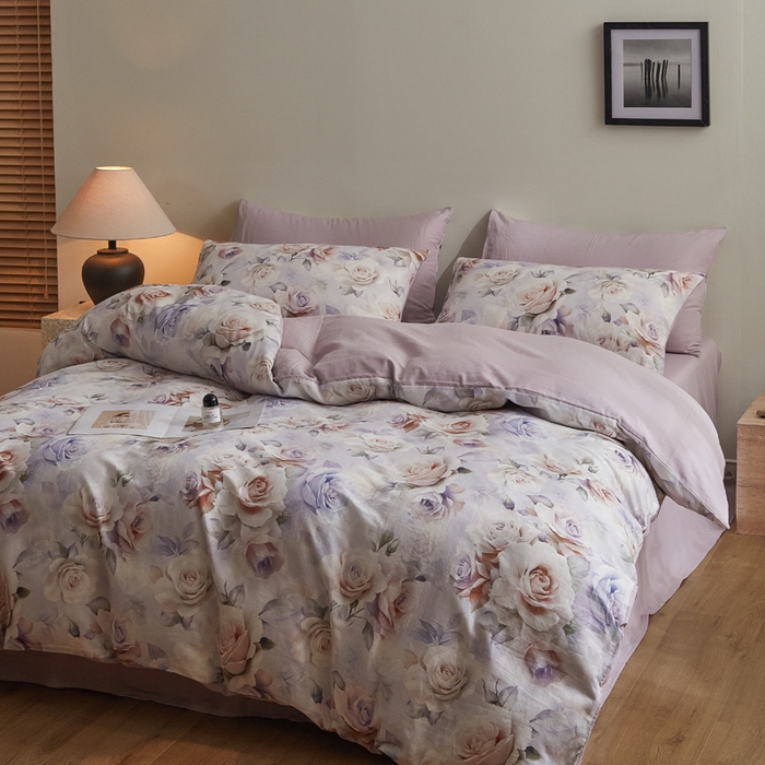 91家纺网 家纺一手货源 找家纺 涵宸家纺 2026新款双层纱印花四件套 F满园-紫