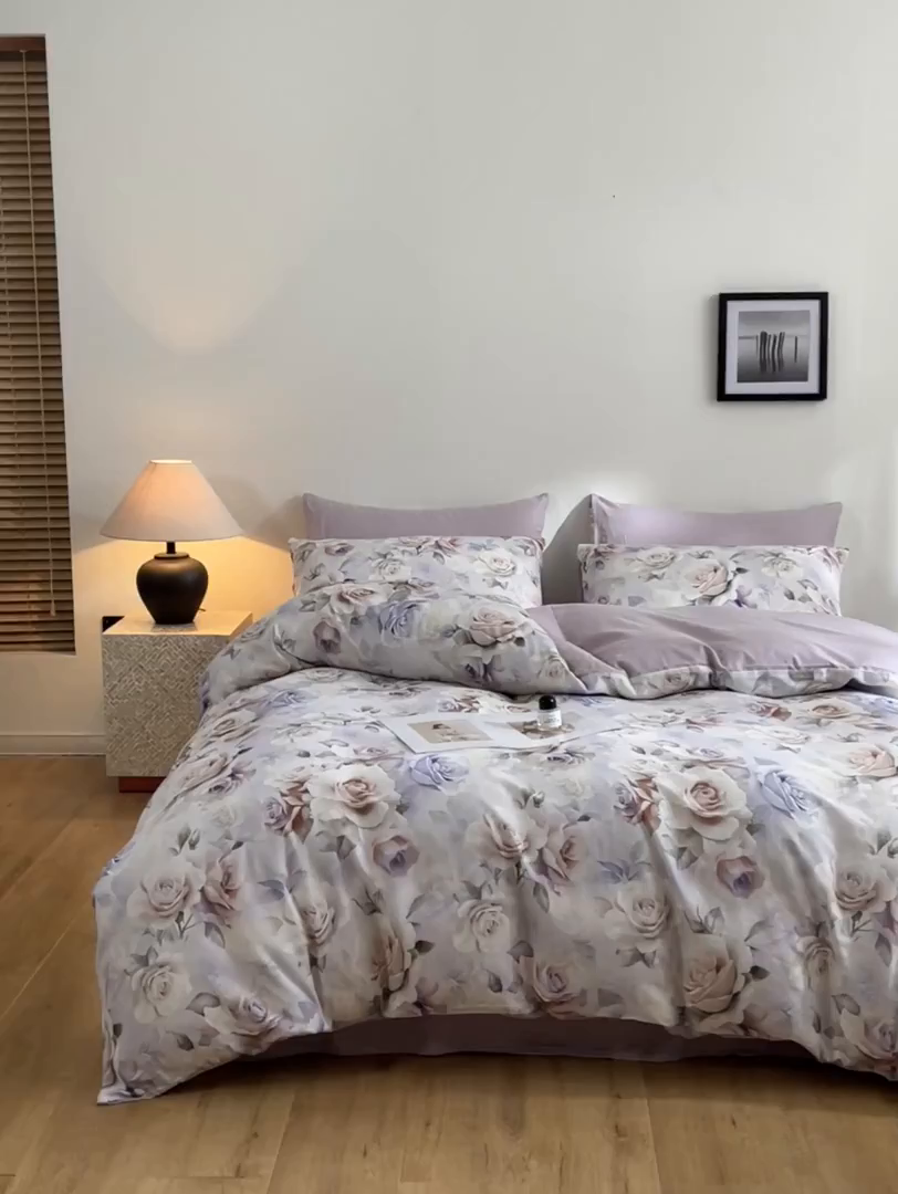 91家纺网 家纺一手货源 找家纺 涵宸家纺 2026新款双层纱印花四件套 F满园-紫