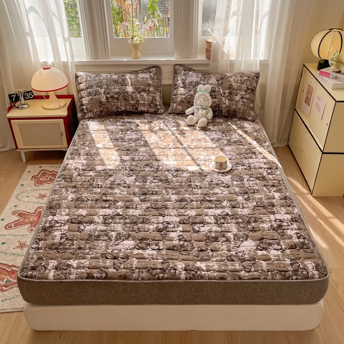 沐慕 2026新款高克重印花云感皱皱纱夹棉床笠 回忆蝶