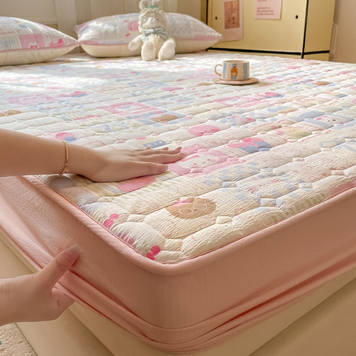 91家纺网 家纺一手货源 找家纺 沐慕 2026新款高克重印花云感皱皱纱夹棉床笠 奶油块块