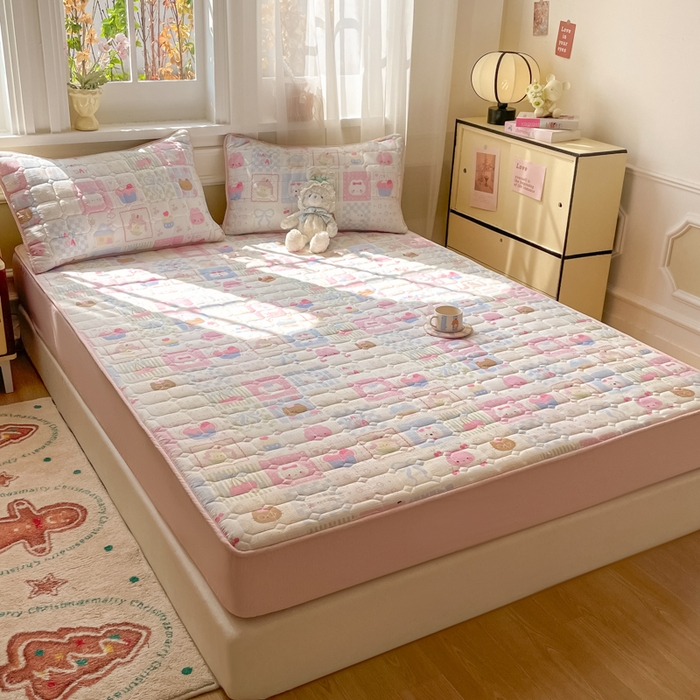 91家纺网 家纺一手货源 找家纺 沐慕 2026新款高克重印花云感皱皱纱夹棉床笠 奶油块块