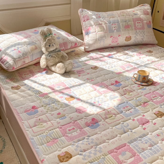 91家纺网 家纺一手货源 找家纺 沐慕 2026新款高克重印花云感皱皱纱夹棉床笠 奶油块块