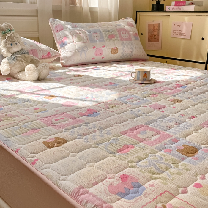 91家纺网 家纺一手货源 找家纺 沐慕 2026新款高克重印花云感皱皱纱夹棉床笠 奶油块块