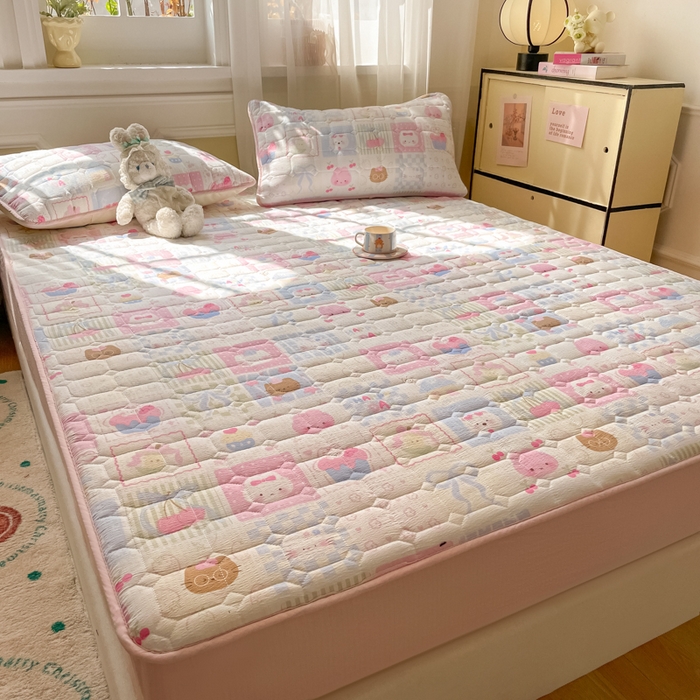 91家纺网 家纺一手货源 找家纺 沐慕 2026新款高克重印花云感皱皱纱夹棉床笠 奶油块块