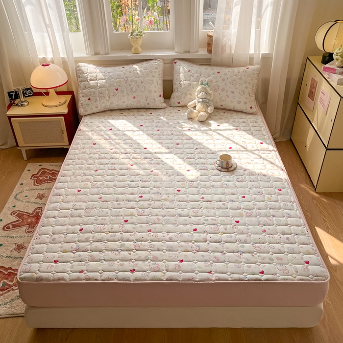 沐慕 2026新款高克重印花云感皱皱纱夹棉床笠 甜品猫星球