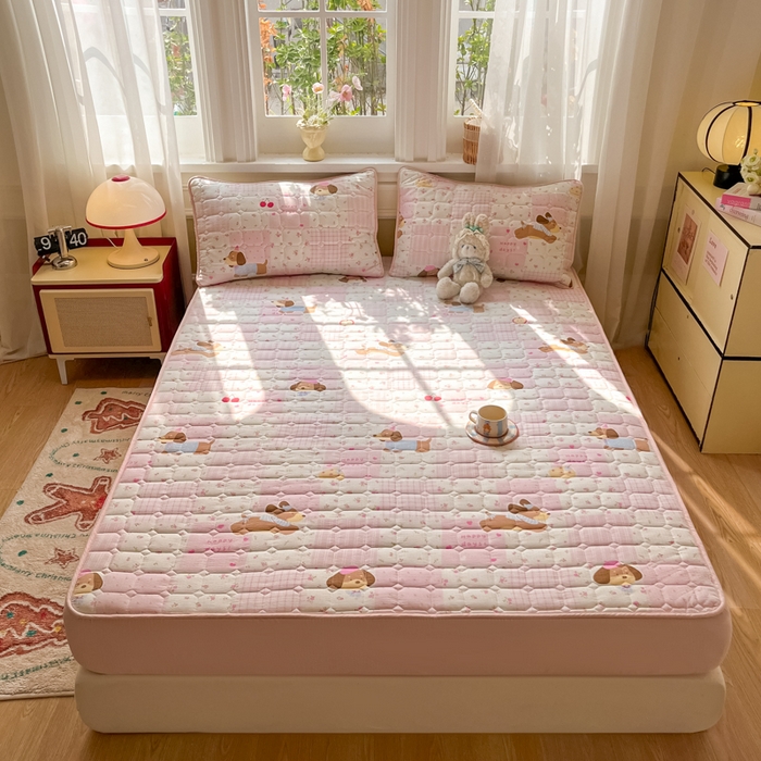 沐慕 2026新款高克重印花云感皱皱纱夹棉床笠 甜心小狗粉