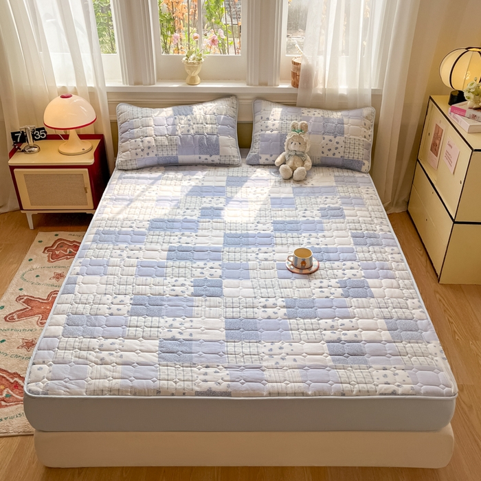 沐慕 2026新款高克重印花云感皱皱纱夹棉床笠 雾漫春日