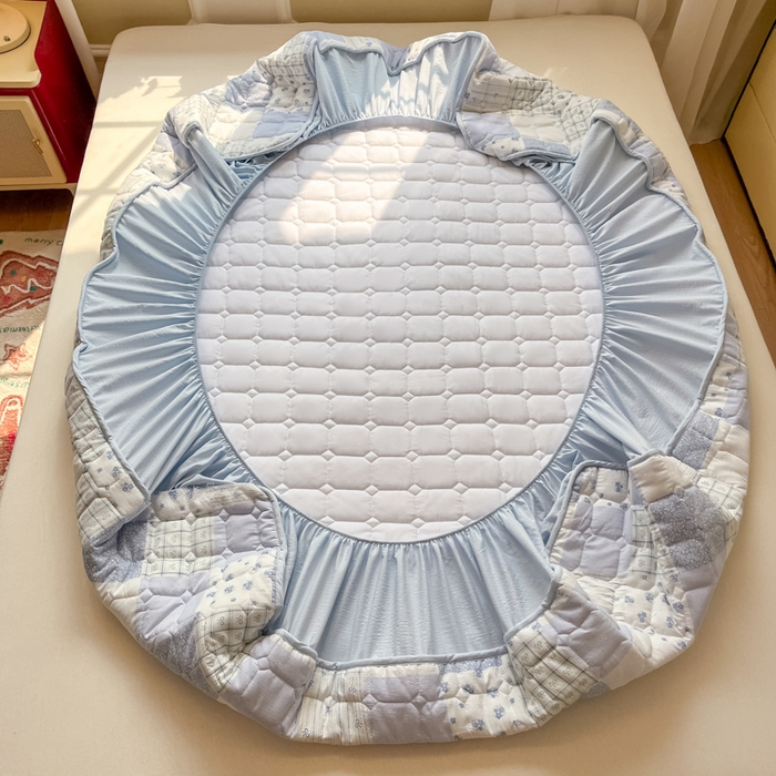 91家纺网 家纺一手货源 找家纺 沐慕 2026新款高克重印花云感皱皱纱夹棉床笠 雾漫春日