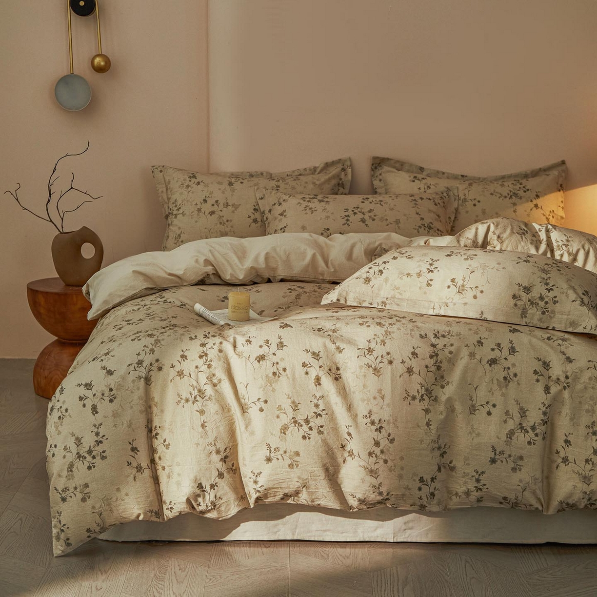 91家纺网 家纺一手货源 找家纺 涵宸家纺 2026新款棉麻数码印花四件套 浅韵花影