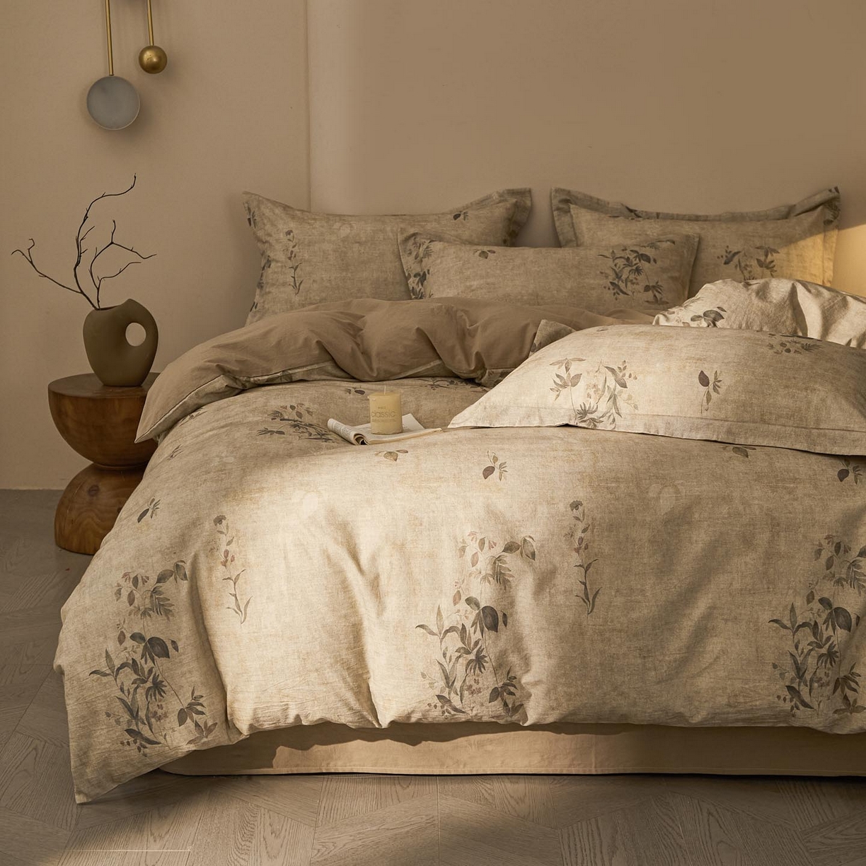 91家纺网 家纺一手货源 找家纺 涵宸家纺 2026新款棉麻数码印花四件套 叶之韵-青