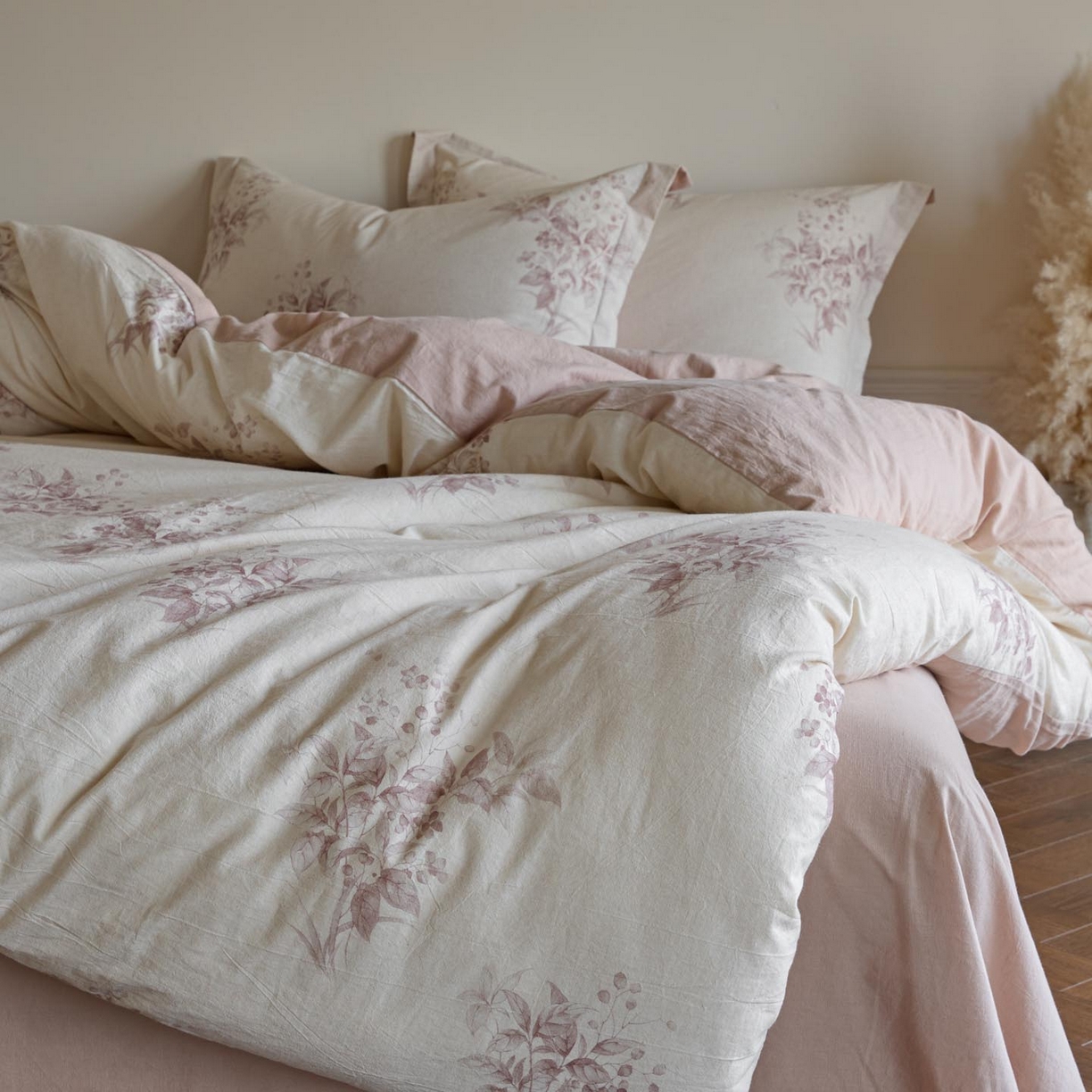 91家纺网 家纺一手货源 找家纺 涵宸家纺 2026新款棉麻数码印花四件套 初雾