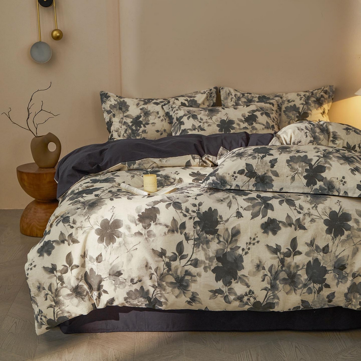涵宸家纺 2026新款棉麻数码印花四件套 墨染花影