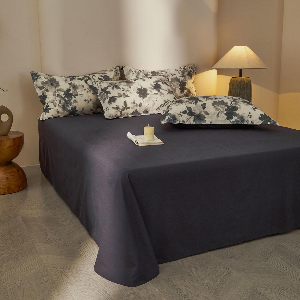 91家纺网 家纺一手货源 找家纺 涵宸家纺 2026新款棉麻数码印花四件套 墨染花影