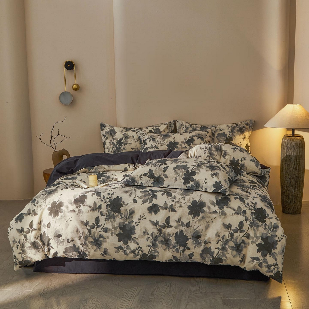 91家纺网 家纺一手货源 找家纺 涵宸家纺 2026新款棉麻数码印花四件套 墨染花影